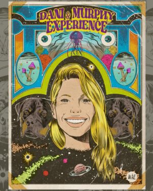 Danielle Mathers Instagram - Thanks so much once again to let me draw your “cartoonish” face, Dani! 
I really love to draw beauty faces and horrorific scenes… yes, I’m bipolar 🤣 love to see both sides of life… 😉
#lovecomics #comic #portrait #drawing #psychedelic #pinkfloyd #danimathers #puppy #rottweiler #popart #vintagecomics #retroart