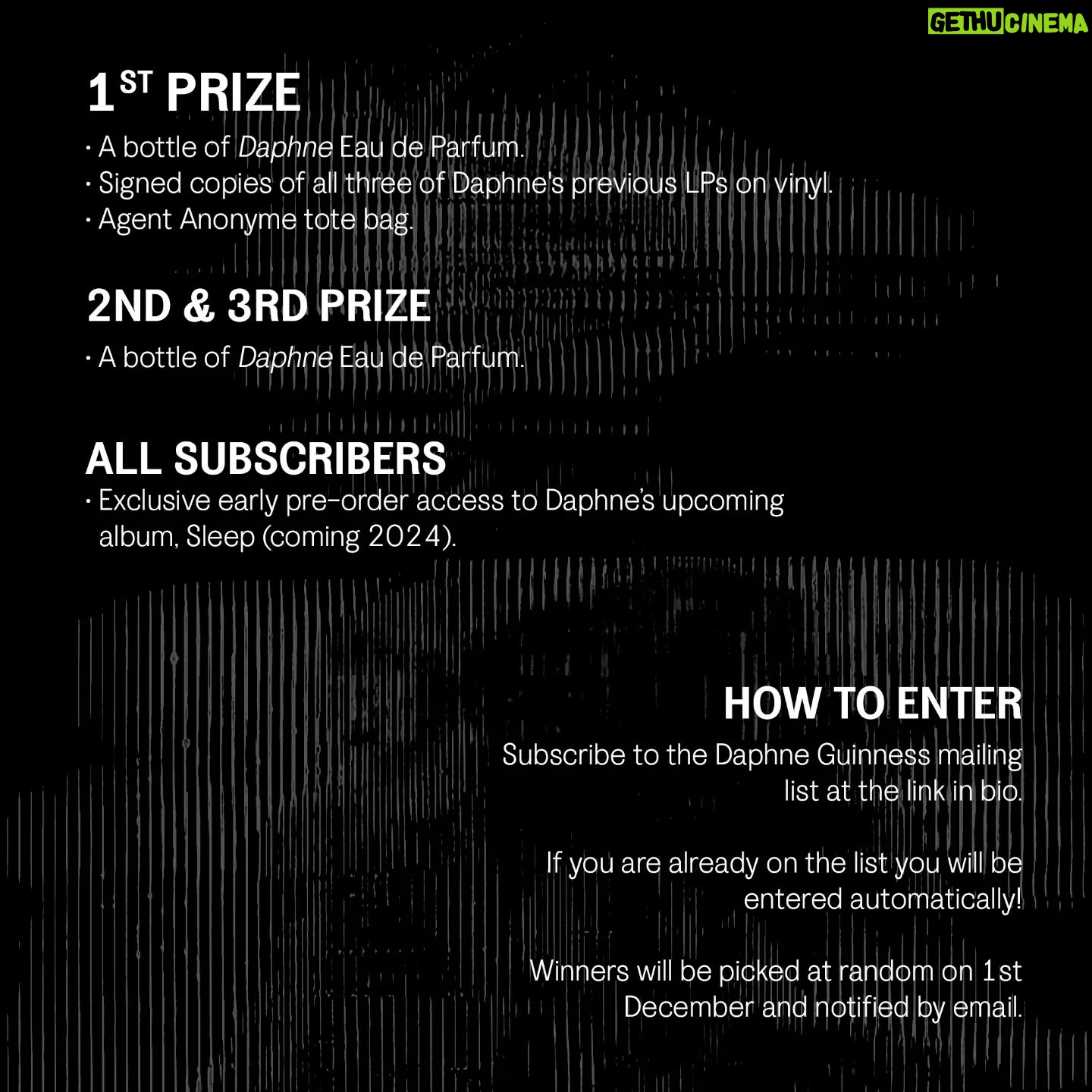 Daphne Guinness Instagram - ✨ COMPETITION TIME ✨ Subscribe to the Daphne Guinness mailing list for your chance to WIN signed vinyl albums, Daphne fragrance, and more! 🎁✉️ Plus, all subscribers get exclusive EARLY ACCESS to the upcoming "Sleep" album pre-order and all the news first! 💫 Swipe for more info and subscribe here, link in bio.