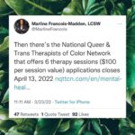 Dawn-Lyen Gardner Instagram – Please share with your community! 🙏🏽 Repost from @justice4blackgirls
•
For Black girls & women who need free therapy and healing resources. Please share this list curated by @marlinefrancois with organizations who provide therapy vouchers! We’re so grateful for her insight and deep commitment to the work that honors the healing and wellness of Black girls!🤍

In addition to the critical work of organizations like our sister org @blackgirlssmile, we launch our Healing & Liberation Initiative offering free monthly spirituality coaching, wellness coaching, meditation resources and yoga! Each session is FREE and open to all Black girls. Our inaugural session happens today at 6PM EST. (Registration link is in our bio!)

**if you know of any other resources please add them below.

Black girls you are worthy of absolutely every investment. You deserve access to any and every resource that will facilitate your holistic healing and wellness. We send an abundance of love and light to our IG fam and hope to see some of you at our opening session this evening!🤍🙏🏾✨

*Even if you don’t need this list please share because there may be someone connected to you who does.🤍

#justiceforblackgirls #blackgirlwellness #mentalhealth #blackgirlhealing #freementalhealthresources