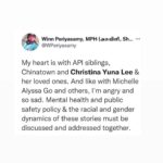 Dawn-Lyen Gardner Instagram – [TW: second slide, racial violence] Sending love to my API siblings today ❤️ especially Christina Yuna Lee’s family and loved ones.

Repost from @weinspirejustice
•
TW: For Valentine’s Day, we want a culture of real love and community care. A love that prioritizes the safety of Asian women and vocally condemns the racist and sexist dynamics that allow for violence against them to go invisibilized. Our hearts — and our action — is with #ChristinaYunaLee, #MichelleAlyssaGo, the victims of the Atlanta mass shootings, and all other Asian women who have been victimized by a society that chooses to look away and outsource responsibility to others.

With love and solidarity, until all of us are free ❤️😔