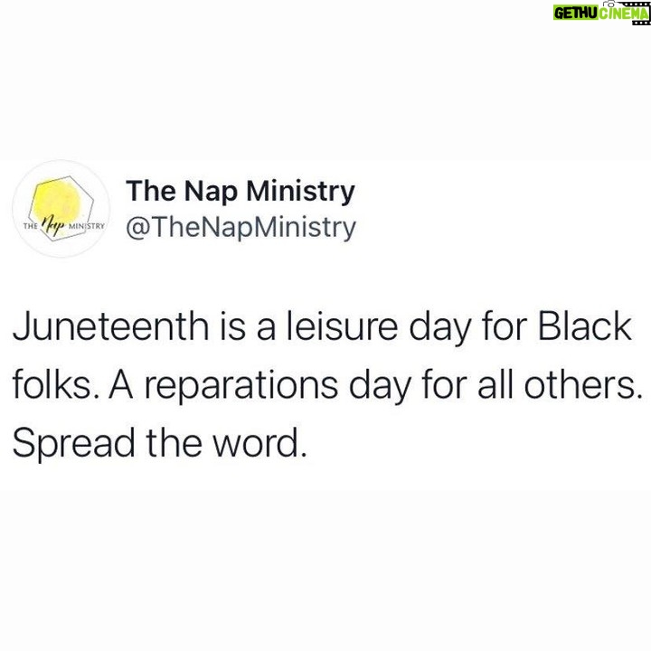Dawn-Lyen Gardner Instagram - Sunday is Juneteenth — a day commemorating the continued theft of Black labor by white America but also the end of that lie and the beginning of a new existence. So while I’ll be honoring Juneteenth in my favorite way — by resting deeply — I can’t help but think of those Black Texans finally being notified of their emancipation. I think of the choices they had in when to work and when to rest. A hard fought for choice and one we are still fighting to deliver to all Black Americans. To Black people: My prayer is that we continue to be courageous in asking ourselves what freedom, liberation and healing really and truly means to each of us. To our ancestors, it most urgently meant rest. To non-Black people seeking to support the repair and restoration our community deserves, might I suggest @thelovelandfoundation @therapyforblkmen @thenapministry and direct mutual aid to Black people in need of space to think, heal, and transform. And when you have a moment, please support the #BreatheAct, and the reparations frameworks put forth by the incredible organizers at @mvmnt4blklives. Image 1-3: @mnvmt4blives Image 4: @thenapministry Image 5-9: @devthepineapple