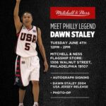 Dawn Staley Instagram - NORF PHILLY’S FINEST🏆 Meet the LEGEND @staley05 at The Mitchell & Ness Flagship Store next Tuesday from 12PM-2PM for the release of her 2004 USA Swingman Jersey.