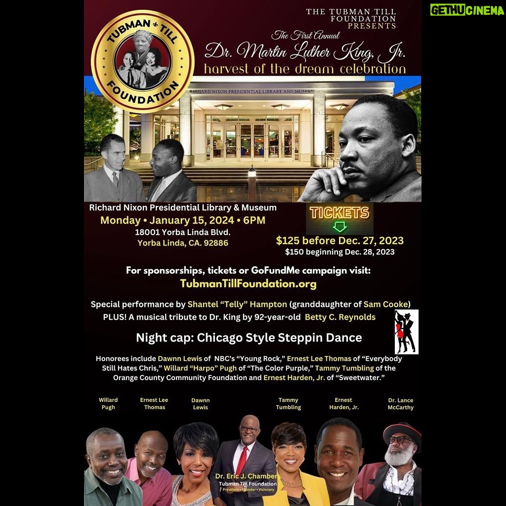 Dawnn Lewis Instagram - Join us at the Richard Nixon Presidential Library & Museum on January 15th for the First Annual Dr. Martin Luther King Jr. - Harvest of The Dream Celebration! I am so proud to support the Tubman Till Foundation and excited to be one of the honorees for this special occasion. To purchase tickets and learn more about the event please visit TubmanTillFoundation.org I hope to see you there! #TubmanTillFoundation #MLK #MLKDay #MLKWeekend #GiveBack #MartinLutherKingJr #MLKDayCelebration #Celebrate #Honoree