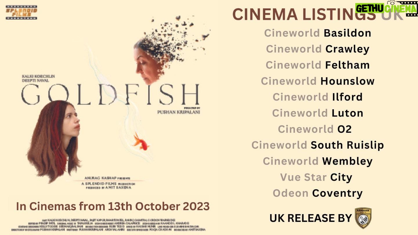Deepti Naval Instagram - London Release - Oct 13 - Theatres List @goldfishthefilm @kalkikanmani @deeptinavalmovies