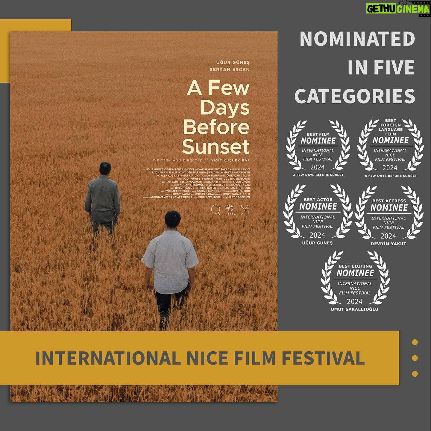 Devrim Yakut Instagram - Nice International Film Festival Nominated Adaylıklar 1-Best Picture of the Festival-Festivalin En İyi Filmi A Few Days Before Sunset 2-Best Foreign Language Feature Film-Yabancı Dilde En iyi Film A Few Days Before Sunset @afewdaysbeforesunset 3-Outstanding Actor in a Foreign Language Film Yabancı Dilde En İyi Erkek Oyuncu Uğur Güneş @ugurnesofficial 4-Outstanding Actress in a Foreign Language Film Yabancı Dilde En İyi Kadın Oyuncu Devrim Yakut @devrimyakut 5-Best Edition of a Foreign Language Film Yabancı Film, En İyi Kurgu Umut Sakallıoğlu @umutsakallioglu