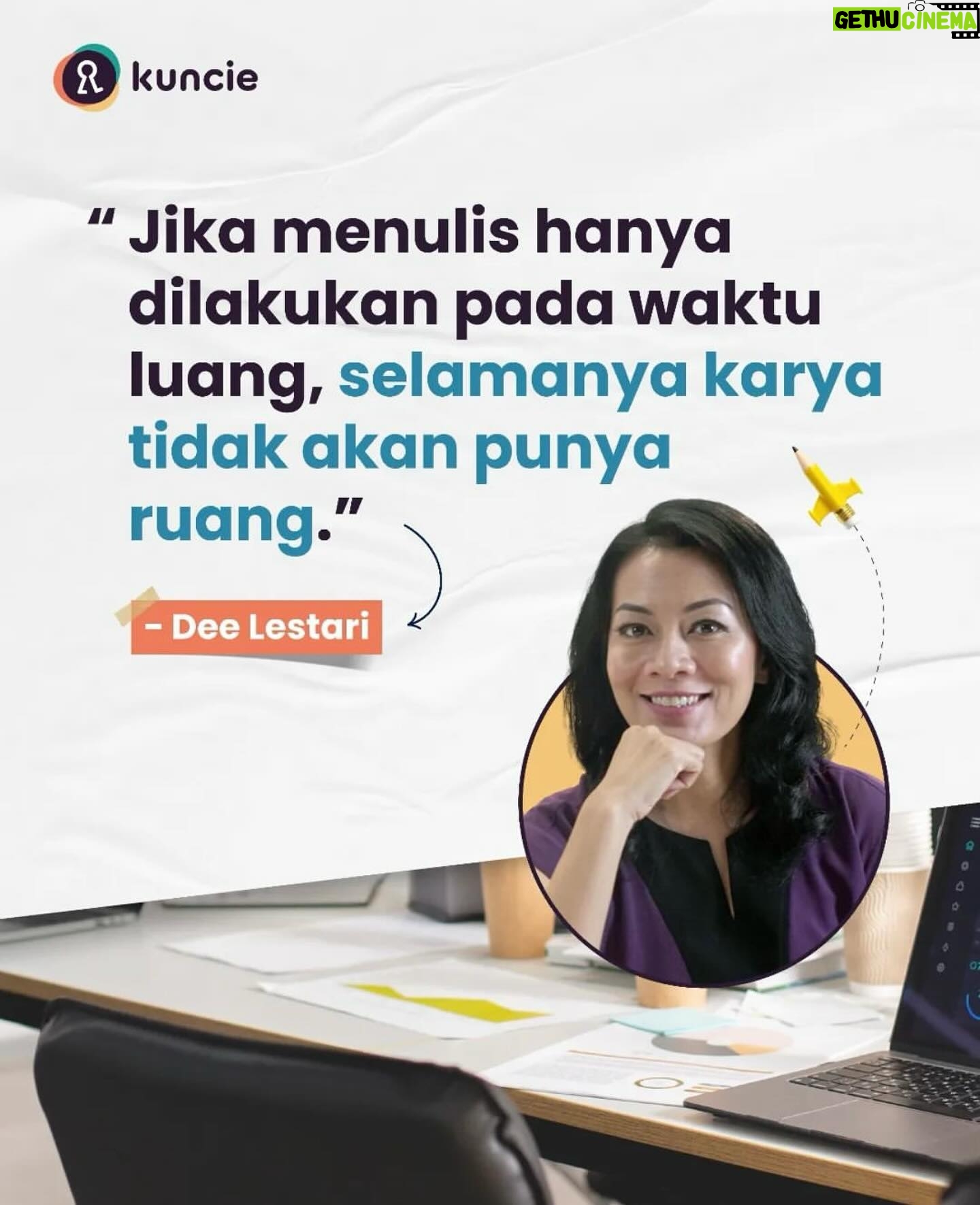 Dewi Lestari Instagram - Menulis itu sebagian kecil bakat, sebagian besar konsistensi. Ingin punya sistem kerja dan cara pikir yang kondusif untuk habit menulis? Empat hari lagi kesempatanmu ikut Kelas Kaizen Writing Batch 11. Sampai tanggal 4 Mei, masih ada kesempatan mendapatkan diskon 30% dengan kode promo KAIZEN11. Segera daftar, klik link di Bio, dan bergabunglah bersama keluarga besar RT Kaizen Writing ☺️ Sampai jumpa di kelas 👋 #KelasKaizenWriting #KKW #DeeLestari #Kuncie