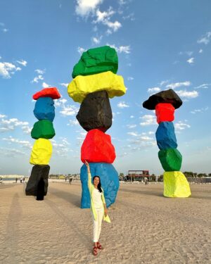 Dewi Lestari Instagram - The 974 Beach, Doha. More than one kilometer stretch of white, superclean beach. Yang bikin beda, ya, batu warna-warni ini. Gimana nyusunnya, ngewarnainnya, saya lama di sini karena mikirin itu. Bukan karena foto-foto. Bukan 😄