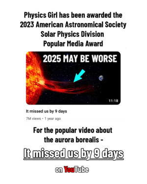 Dianna Cowern Instagram - Congratulations to Dianna and the team! Physics girl has just been awarded the 2023 American Astronomical Society (AAS) Solar Physics Division (SPD) Popular Media Award (PMA) for her video - It missed us by 9 days. In this video Dianna explores the phenomenon of the aurora borealis, and how the Sun is responsible for ejecting mass throughout the solar system.

If you'd like to watch the award winning video, it's here - https://www.youtube.com/watch?v=85-p9EIEVUA&t=128s&ab_channel=PhysicsGirl

#science #scienceeducation #physics #auroraborealis #northernlights #sun #astronomy #solar #solarphysics #PhysicsGirl #scienceaward #winner #solarstorm