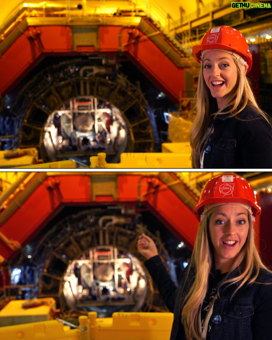 Dianna Cowern Instagram - Dianna in front of the ALICE experiment at CERN. Fun fact, those giant magnetic doors weigh thousands of pounds and take 2 full days to open. #CERN #LHC #Physics #particlecollider #quantum #science #facility #HiggsBoson