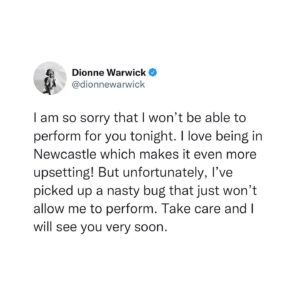 Dionne Warwick Instagram - I am so sorry. If you’ve purchased a ticket, you will receive an update from your point of purchase shortly. ❤️