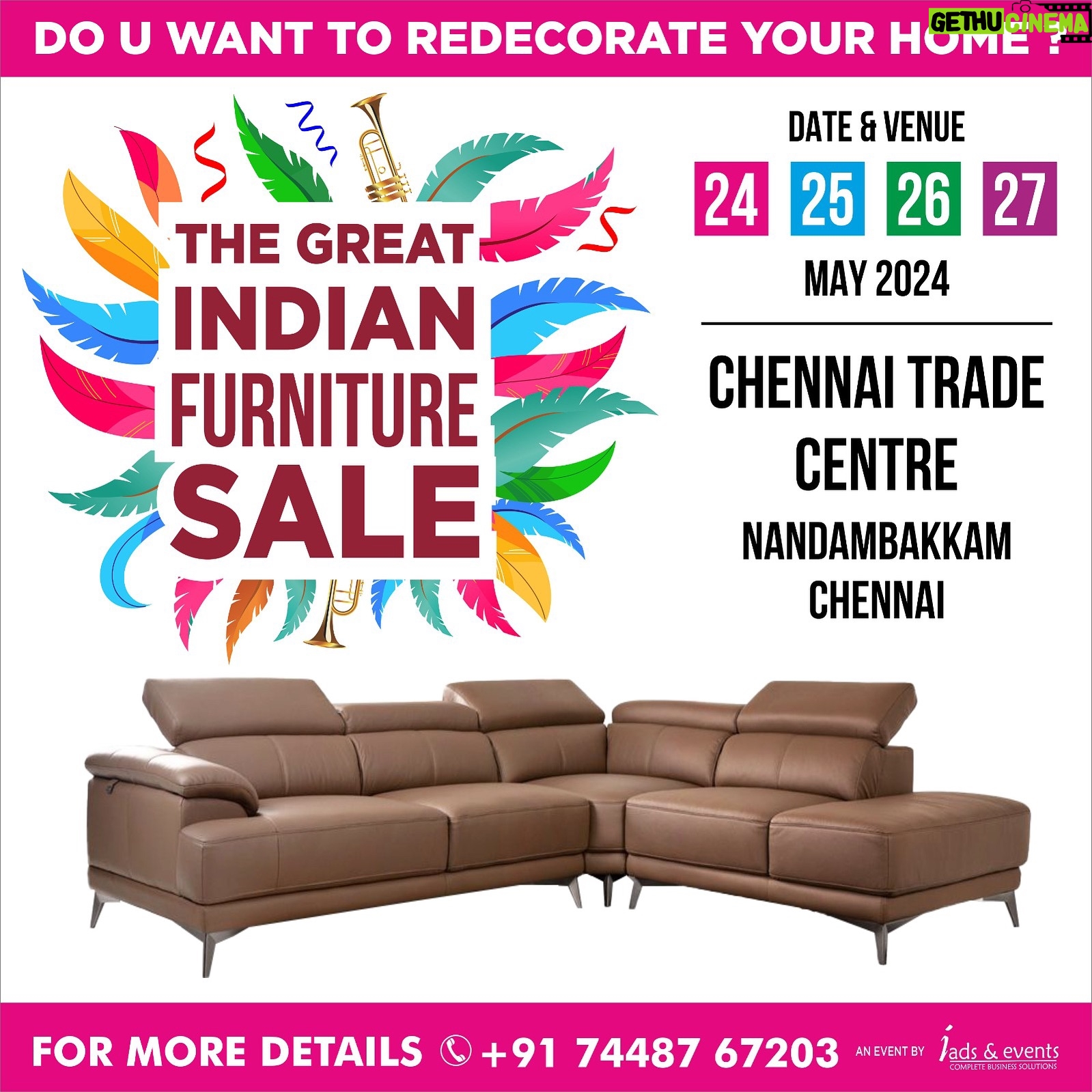 Divya Bharathi Vetrivel Instagram - ☆THE GREAT INDIAN FURNITURE SALE 🛋☆ The most awaited FURNITURE exhibition of the season in CHENNAI Ethnic Furniture, Contemporary Furniture , Bed room set , Dinning table , Office Furniture , Metal Furniture, Shesham wood Furniture, Teak wood Furniture, Outdoor Furniture, Artifacts , Marble statues , Massage chair , Ladders , Carpets n Rugs And Much More . All under one roof. Date - 24 - 25 - 26 - 27 MAY 2024 Timings - 10.00 am to 8.30pm Venue - 📍CHENNAI TRADE CENTRE, NANDAMBAKKAM , CHENNAI. FOR ENQUIRIES : 7448767203 #iadsandevents #exhibition #events #furniture in all post/reels/ stories.