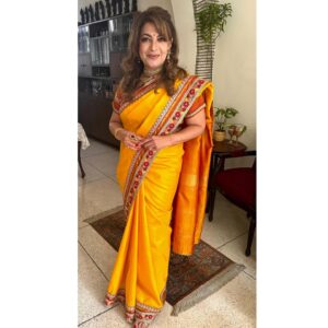 Divya Seth Shah Instagram - This Sunshine Yellow Kanjeevaram was ensconced for Decades in My saree cupboard , still in its original wrapping!

I got Gota and zari Borders added to its edges and voila! 

Resplendent 🌞 

Nothing like a Winter Wedding 

.

.

.

#saree #sareelove #yellow #indian #wedding #fashion #sustainable #renew #environment #winter #sun #mehndi