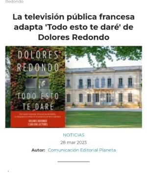 Dolores Redondo Instagram - Mientras avanzamos en el proyecto de la película que se rodará en Galicia, celebramos el estreno de la serie del mismo nombre, que de Todo Esto Te Daré se ha realizado íntegramente en Francia 
Se estrena el próximo 7 de febrero en la televisión pública francesa. Francetv2 
Muchos me preguntáis sobre su emisión en España, solo puedo deciros que me consta que una televisión está negociando esta posibilidad. 
Os seguiré contando...
#toutcelajeteledonnerai #todoestotedaré #doloresredondo #escritoradetormentas