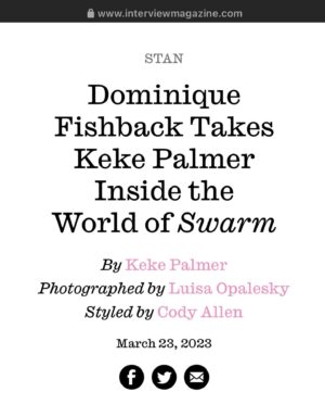 Dominique Fishback Instagram - The extraordinary @keke took the time out of her busy boss life to interview me for @interviewmag on behalf of #swarm. I love this conversation so much. Check it out at the link in my bio.

Thank you interview for having me 🌸

Photos by @luisa_opalesky 
Styled by Cody Allen
Hair by @sharifposton 
Makeup by @zaheersyn