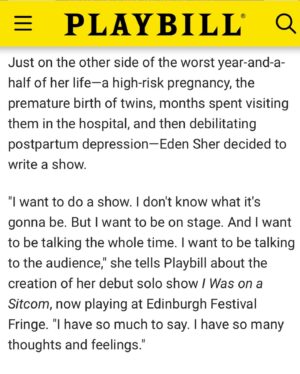 Eden Sher Instagram - THANKS FOR PICKIN ME, @playbill!! Thx for coming out and letting me share!!! @chromeplatedgirl @heathergershonowitz #iwasonasitcom