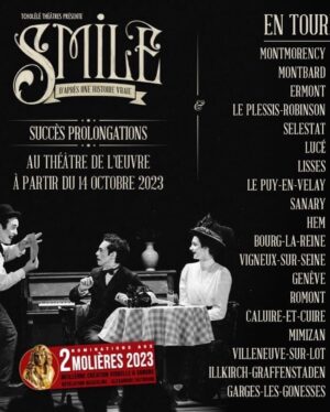 Éléonore Sarrazin Instagram - Je vous ai annoncé il y a quelques jours, un projet qui reprenait dans un mois. Il ne s’agit pas de mon retour sur des plateaux marseillais, mais bien de mon entrée dans la troupe de Smile ! 🍾🍾 
Après une première saison triomphante, le spectacle part en tournée et j’assurerai pendant ce temps là les représentations parisiennes, au théâtre de l’Oeuvre, en alternance avec @pauline_bression et @ophelielehmann aux côtés de @dan_menasche @alexandrefaitrouni @grant_lawrens et @tristan_robin_actor 
🖤🤍🖤

Mes dates: 
26,27,28,29 Octobre 
2,3,10,11,12,16,17,24,25,26,30 Novembre 
1,9,10,14,15,21,22 Décembre 

Ps: ne soyez pas déçus, cette annonce n’exclu pas un retour de Sabrina très prochainement ! 😉

@tcholeleproductions @nicolasnebot @anthonyverdotbelaval 
📸 @juliereggiani 👸🏻 @juliechen.aa