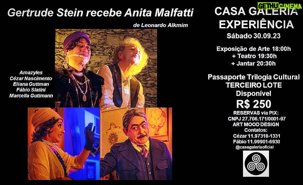 Eliana Guttman Instagram - Terceiro Lote disponível aproveitem e faça sua reserva o quanto antes! Será sábado dia 30.09 às 19:30 🕢 “Gertrude Stein recebe Anita Malfatti” Texto 🎭 @alkmimleonardo com @amazyles @cezar.nascimento.357 @eguttman @fabiosaltini @maguttmann na Casa Galeria Experiência 🖼🎭🍽🥂🍾 uma Trilogia Cultural com Exposição de Arte 🖼 “ENTREATOS” Teatro 🎭 Jantar 🍽 Temático Francês inspirado no Livro 📕 de Cozinha de Alice B. Toklas com direito a uma taça de vinho 🍷 aqui na @casagaleriaoficial uma cobertura modernista dos anos 50 no Centro de São Paulo. Faça sua reserva do seu Passaporte Trilogia Cultural 250 reais 💵 através do Pix CNPJ: 27.706.171/0001-97 ART MOOD DESIGN - Contatos: Cézar Nascimento 11.97318-1331 e Fábio Saltini 11.99901-6930 Fotografia 📸 @magerson Produção e Curadoria de Arte 🖼 @art.mood.design @cezar.nascimento.357 e @fabiosaltini #gertruderecebeanitamalfati #casagaleriaexperiencia #terceirolote #disponivel #experienciacultural