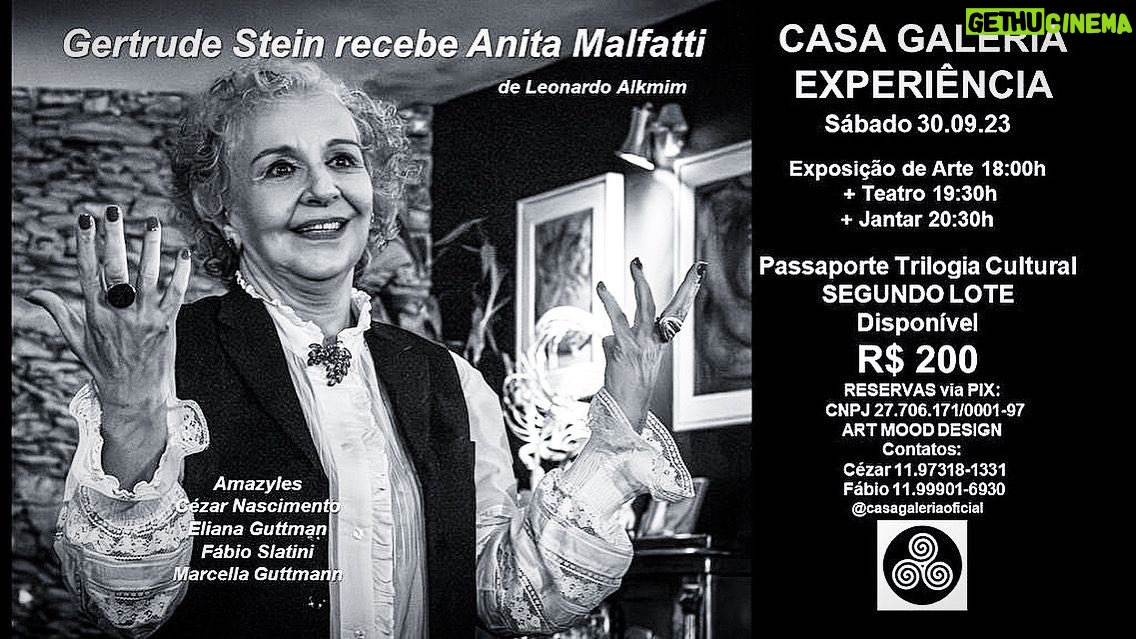 Eliana Guttman Instagram - Segundo Lote disponível aproveitem e faça sua reserva o quanto antes! Será sábado dia 30.09 às 19:30 🕢 “Gertrude Stein recebe Anita Malfatti” Texto 🎭 @alkmimleonardo com @amazyles @cezar.nascimento.357 @eguttman @fabiosaltini @maguttmann na Casa Galeria Experiência 🖼🎭🍽🥂🍾 uma Trilogia Cultural com Exposição de Arte 🖼 “ENTREATOS” Teatro 🎭 Jantar 🍽 Temático Francês inspirado no Livro 📕 de Cozinha de Alice B. Toklas com direito a uma taça de vinho 🍷 aqui na @casagaleriaoficial uma cobertura modernista dos anos 50 no Centro de São Paulo. Primeiro Lote disponível! Promoção para compra antecipada DE: 250 reais 💵 POR: 200 reais 💵 até 18.09 segunda-feira. Faça sua reserva do seu Passaporte Trilogia Cultural através do Pix CNPJ: 27.706.171/0001-97 ART MOOD DESIGN - Contatos: Cézar Nascimento 11.97318-1331 e Fábio Saltini 11.99901-6930 Fotografia 📸 @magerson Produção e Curadoria de Arte 🖼 @art.mood.design @cezar.nascimento.357 e @fabiosaltini #gertruderecebeanitamalfati #casagaleriaexperiencia #segundolote #disponivel #experienciacultural