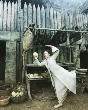 Eliza Butterworth Instagram - Flossing into the week like…..👵🏻💫 #sexysaxons #crossflossing #yeoldeyoga #cabbagecardio #thelastkingdom #season5