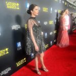 Elizabeth Tulloch Instagram - Some #behindthescenes from @saturnawards Sunday night. Dress: @aliceandolivia by @staceybendet Heels: @toryburch Makeup: @andremakeup Hair: @hellohairbear Skin: @theskingirls @vancouvermedicalaesthetician Bestie: @realbreeturner It was such a wild night of weather!!! But incredible awards show, thank you @saturnawards!! Christopher Nolan, Keanu Reeves, Jodie Foster, James Cameron, Kevin Feige, Emily Blunt etc etc - I was fangirling everywhere. I LOVE being a part of a genre show (again - love you #Grimm fans!). Best and most loyal and smartest fans ever. Thank you so much for coming out in a major storm and I apologize to everyone who I didn’t get to in the autograph line - bc of the weather I was late to the awards and was being rushed inside. 💓💓🥰