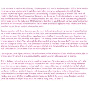 Ellen Wong Instagram - I could not have done this alone. Hand in hand with my GLOW sisters, and our Showrunners, we did this together. It was tough, because we got real, but we were listened to. We are so proud to share this together. Please swipe to read my statement and our letter. 

I love you, Jenny Chey!
💖💖💖