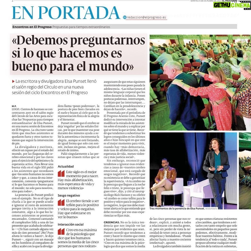 Elsa Punset - 684 Likes - Qué gran encuentro anoche en Lugo! Gracias a todos los asistentes por vuestra participación entusiasta y apoyo y a @elprogresodelugo por hacerlo posible👍🙌🙌 #inteligenciaemocional #lugo #elsapunset #onehealth