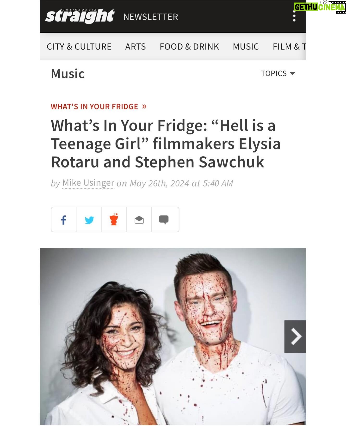 Elysia Rotaru Instagram - Look mom, @stephensawchuk are in the paper. Thank you @georgiastraight for having us and @mikeusinger for getting us to share all the weird shit we have in our fridges. (Hopefully people reading can relate ) LOL 😂 And of course recognizing and sharing the news about our fun film @hellisateenagegirlfilm 🔪❤️ Written and directed by: @stephensawchuk Photo cred: @farrahaviva #proudproducer #filmmaker #horror #comedy #indiefilm.