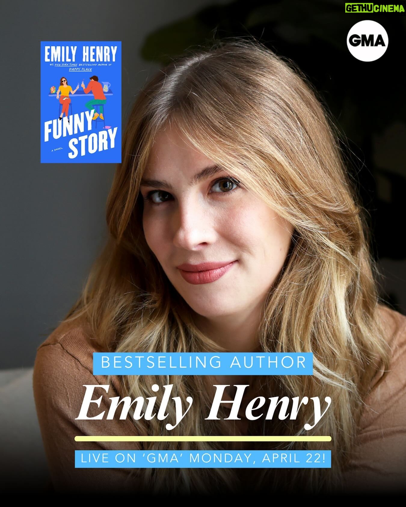 Emily Henry Instagram - Don’t miss bestselling author @emilyhenrywrites on “GMA” on Monday 4/22 to celebrate the release of her new novel, “Funny Story”! 💙 Do you have a question for Emily? Comment below with your Qs and Emily might answer it LIVE!👇 #funnystory #emilyhenry #emilyhenrybooks #gmabookclub
