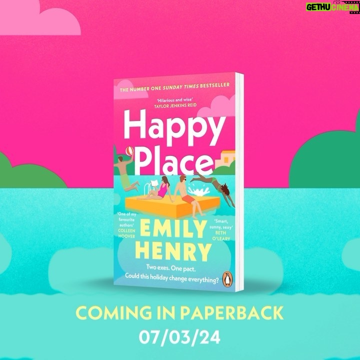 Emily Henry Instagram - We are excited to reveal the paperback cover of ‘Happy Place’ by Emily Henry! This Sunday Times bestseller will be hitting bookshelves 7th March 2024 - pre-order yourself a copy for a future Spring treat! #CoverReveal #EmilyHenry #HappyPlace