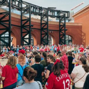 Emily Henry Instagram - Thank you all so much for coming out last night to Busch Stadium for the pre-game book club. This was one of the most special days for me of the last five years. There are no words for what it was like to get to meet so many of you. Thank you for driving and flying from all over, and for beautiful friendship bracelets, and for your letters and pencils, and for wearing your rodeo and Goode Books and Sunshine Falls Gear. It was a joy and an honor to sweat on you. 
A huge thank you to the Cardinals for the invitation, @juliepens for being the perfect in-conversation partner, @abergeron11 @dachejordan @daniellekeir_ and @tayhaggerty for being there for every moment of it!! I did not face my greatest fear (throwing an opening pitch) but I did face my second greatest fear (high-fiving a mascot), and that’s not nothing.
💙💙💙💙💙💜💜💜💜💜