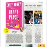 Emily Henry Instagram - so damn cool to see HAPPY PLACE in People! I’ve never been in People! I love to think of this page being stuffed in someone’s bag with a bunch of loose clementines and a water bottle covered in sand and some fat mass market paperbacks. If you haven’t muted me yet, swipe to see my Gibson girl chic house cleaning look. 👵🏼