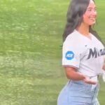 Emily Tosta Instagram - what an honor to throw out the first pitch at the @marlins game😛 a full circle moment since miami was the first place i lived at when i came to america✨ thank you so much to Isaac & the entire Miami Marlins family for having me🫶🏽