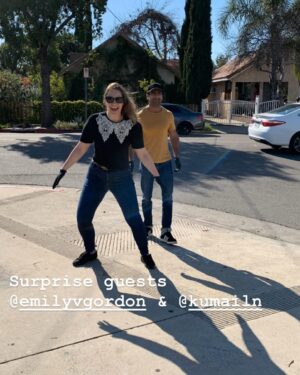 Emily V. Gordon Instagram - We don’t talk enough how weird deep pandemic was. #tbt
(I know it’s not over. I’m not saying that. I’m discussing the period of time where all of us that were able/had to, stayed home.)
That time period deserves to be processed. We’re all still a little shook from it. 

1) running into @rivbutcher when the move seemed to be gloves and no mask?
2) Kumail at an empty Rodeo dr
3) puzzles
4) day trips in masks
5) a ton of strangers gathered to watch the sunset at mt baldy
6) my obsession with wildlife 
7) more puzzles
8) seeing friends like this
9) Biden getting elected
