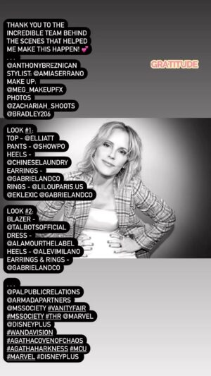 Emma Caulfield Ford Instagram - Thank you to the incredible team behind the scenes that helped me make this happen! 💕
. . . 
@anthonybreznican
Stylist: @AmiaSerrano
Make Up: @meg_makeupfx
Photos @Zachariah_shoots @bradley206

Look #1:
Top - @elliatt 
Pants - @showpo
Heels - @chineselaundry
Earrings - @gabrielandco
Rings - @lilouparis.us @eklexic @gabrielandco

Look #2:
Blazer - @talbotsofficial
Dress - @alamourthelabel
Heels - @alevimilano
Earrings & Rings - @gabrielandco

. . . 
@palpublicrelations @armadapartners @mssociety #vanityfair #mssociety #thr @marvel @disneyplus #wandavision #agathacovenofchaos #agathaharkness #mcu #marvel #disneyplus