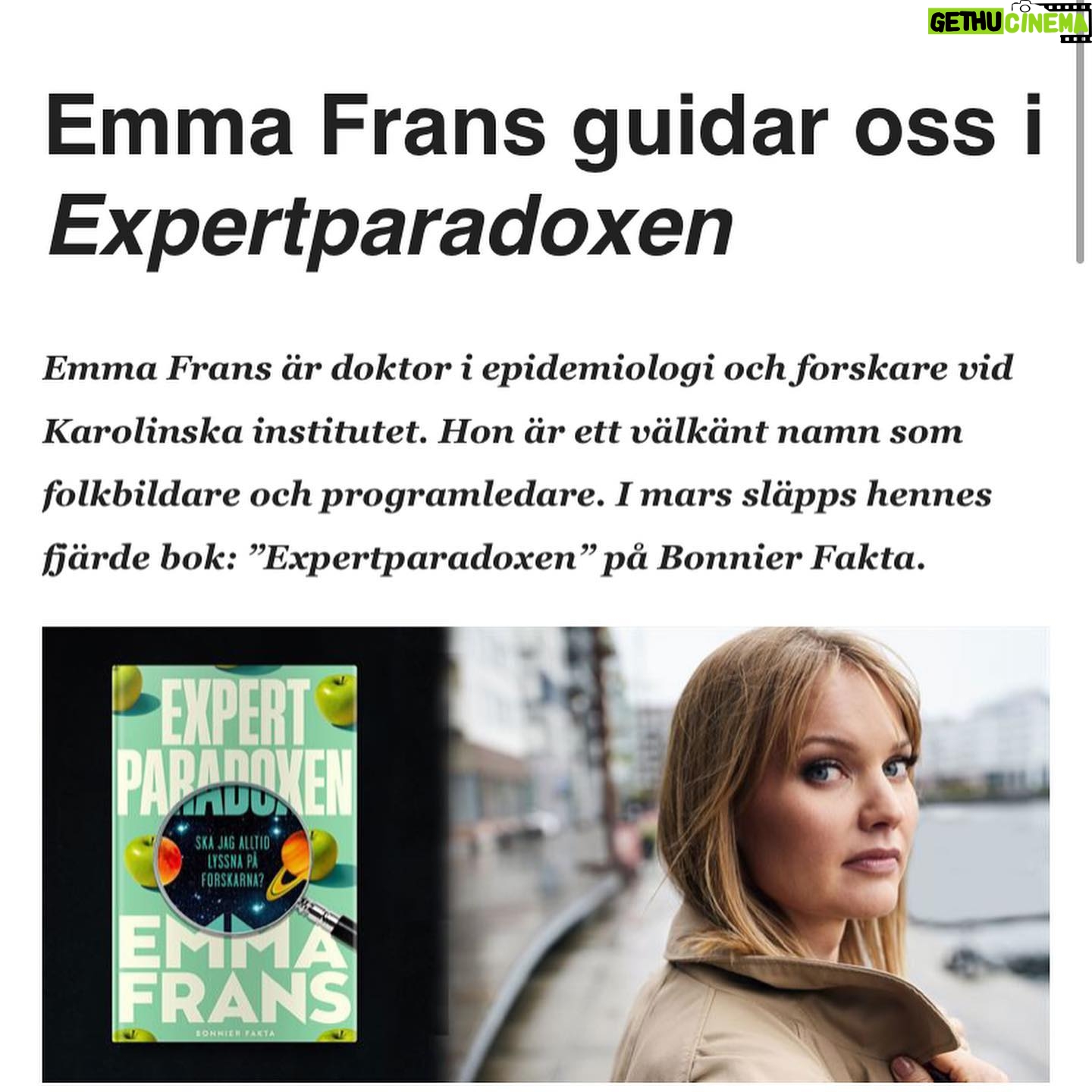 Emma Frans - 3.2K Likes - Den 13 mars släpps min nya bok Expertparadoxen som handlar om när man ska och inte ska lyssna på forskare. Redan nu kan du förboka ett signerat ex på Bokus via länken som finns i min bio.