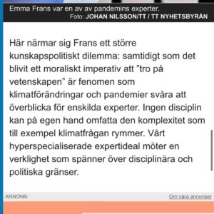 Emma Frans Instagram - Nu börjar recensionerna om Expertparadoxen rulla in. Som vanligt ignorerar jag berömmet och mår piss av kritiken. Hoppas att boken ger upphov till fortsatta diskussioner och expertens roll i infodemins tidsålder!