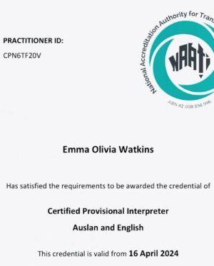 Emma Watkins Instagram - Not quite sure how to describe this feeling, but after years of persevering my Auslan study alongside performing and working away from home, I have finally received my certification as an Auslan/English interpreter 🩶 My goodness, I never thought I’d make it, even though loving learning from my amazing Deaf teachers, professionals, friends, colleagues, classmates and other interpreters…. Just never felt that I would be actually able to achieve this. I cannot wait to learn even more from this point and I hope I can be of service when I need to step up to the plate. A hugeeeeeee thank you to my friends in the Deaf community for supporting my journey xx 😌