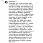 Emma Myles Instagram - It’s fascinating to see who’s placing the blame of these strikes and shutdowns on the workers who are simply and reasonably fighting for their livelihoods and NOT the excessively wealthy studios whose greed, hoarding of revenue, and refusal to compromise their ginormous bonuses is what has led us here. I’ve also been getting questions about why we signed such a bogus contract to begin with and whether or not we should’ve known better. And as always, there is the question of who has it worse in the grand scheme of everything. A lot of people understand that this is about labor protections, but there are many that don’t and/or who are very confused as to why we can’t just bend over, stop whining, and give them their stories. Let these slides highlight some of the reasons. Don’t mind the grammatical typos that I can no longer fix because the edit button is gone and my responses came before coffee. And clear vision. Fight the power. @sagaftra #sagaftra #sagaftastrong #sagaftrastrike