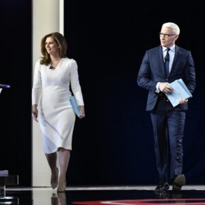 Erin Burnett Instagram - Erin Burnett and @andersoncooper take the stage as moderators of the #DemDebate, along with New York Times national editor Marc Lacey. For more image of the 2020 presidential campaign season follow @ontheroad2020.