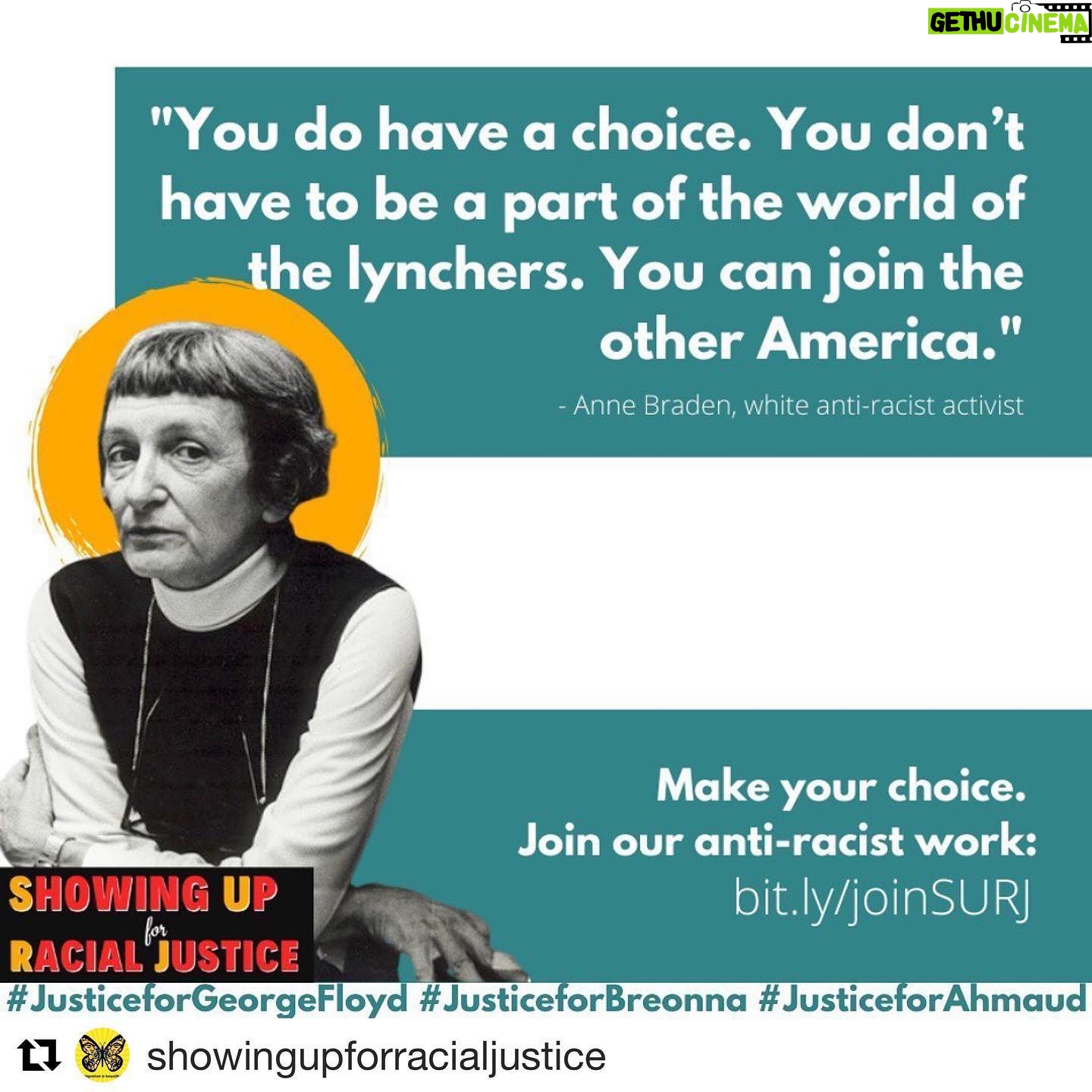 Esmé Bianco Instagram - #blacklivesmatter 🖤 Repost @showingupforracialjustice ・・・ We mourn the senseless loss of life at the hands of white supremacy. We commit to doing our part in dismantling it. And we want you to join us. Link in bio and above to get involved. Make your choice! Anne is quoting her friend James Patterson, a Black organizer who deeply shaped her politics, in this quote. #justiceforahmaud #justiceforbreonna #justiceforgeorgefloyd