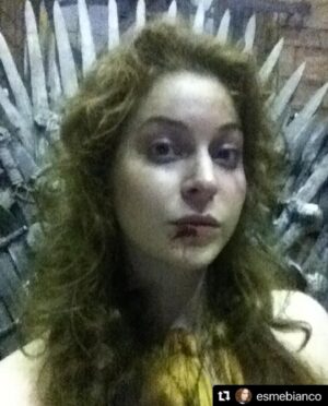 Esmé Bianco Instagram - #houseofthedragon were just warming the throne for the real Queen 👑😝
・・・
Look what I just found in the dusty recesses of my phone!!! #sneaky #selfie on the #ironthrone #gameofthrones #fbf #rip #ros #allbeatup #forthethrone 👑⚔️💔