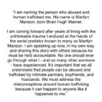 Esmé Bianco Instagram - “I am naming the person who abused and human trafficked me. His name is Marilyn Manson, born Brian Hugh Warner. I am coming forward after years of living with the unthinkable trauma I endured at the hands of the serial predator known to many as Marilyn Manson. I am speaking up now, in my own way, and sharing this story with others because he must be held accountable. No one should ever go through what I - and so many other survivors - have experienced. It’s important that we all understand that people can be abused and trafficked by intimate partners, boyfriends, and husbands. We must address the misconceptions around human trafficking because it can happen to anyone like it happened to me.”