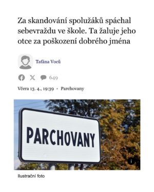 Eva Burešová Instagram - To mě dneska zase něco zvedlo ze židle !!! 
Už asi hodinu přemýšlím, jestli to zvládnu přejít a nebo jaká slova vybrat, ale nějak se mi nedaří uklidnit. 

Kde to sakra žijeme se ptám ?! 
Škola ve které přímo na jejím místě spáchal sebevraždu mladý kluk, kvůli šikaně, která školou prostě byla přehlížena a ignorována se rozhodla žalovat otce tohoto chlapce kvůli poškození dobrého jména ?!!!! 

Nepoškodila si tato škola jméno náhodou sama, když něco tak tragické dopustila ?
Když volání o pomoc neřešila? 
Když nechala žáky, aby přihlíželi a ještě vše natáčeli na sociální sítě a skandovali ať chlapec skočí? 
Když ničí pietní místo, které na místě vzniklo? 
Opravdu chtějí žalovat otce, kterému se stala tak tragická věc a on jen veřejně háji alespoň zbytek práv co jeho syn má ? 
Opět budeme podporovat tyhle hnusy a podkopávat nohy slabším ale evidetně v právu?!
Místo žaloby otce, by měli řešit co děje s touto tiktokovou generací bez citu, strachu, empatie a jak je něčeho takového vůbec schopna. 

Ach jo. Vím, že je před námi spoustu práce, ale někdy mám pocit, že je to těžší a těžší. 

Chraňte si své city prosím. A bojujte vždy za práva těch co se bránit sami nedokážou. 

Pokud zažíváte šikanu nebo někdo z vašeho okolí. Nebo trpíte nějakým duševním onemocněním, koukněte na @aplikace_nepanikar a nebojte se říct o pomoc ❤️

Je vás tolik, co se cítíte sami, že ve chvíli, kdy se ozvete zjistíte, že sami nejste a společně zvládnete pohnout horou. 

❤️🪬