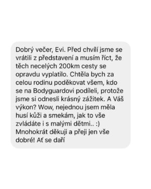 Eva Burešová Instagram - Zdravím vás při nádherné sobotě. 
Máme za sebou první tři představení muzikálu The Bodyguard a já mám neskutečnou radost z toho jaké zprávy mi od vás chodí. 
Strašně moc mě těší, že se vám náš muzikál líbí a že mi takové zprávy vůbec posílate. Je to obrovská radost ❤️

Děkujeme a přijďte zas ! 

Tady máte fotku těsně před představením. 
Relax, čajík, maska na xichtík, rozezpívání a pak se jde na to!