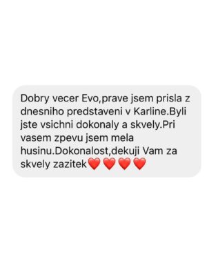 Eva Burešová Instagram - Zdravím vás při nádherné sobotě. 
Máme za sebou první tři představení muzikálu The Bodyguard a já mám neskutečnou radost z toho jaké zprávy mi od vás chodí. 
Strašně moc mě těší, že se vám náš muzikál líbí a že mi takové zprávy vůbec posílate. Je to obrovská radost ❤️

Děkujeme a přijďte zas ! 

Tady máte fotku těsně před představením. 
Relax, čajík, maska na xichtík, rozezpívání a pak se jde na to!