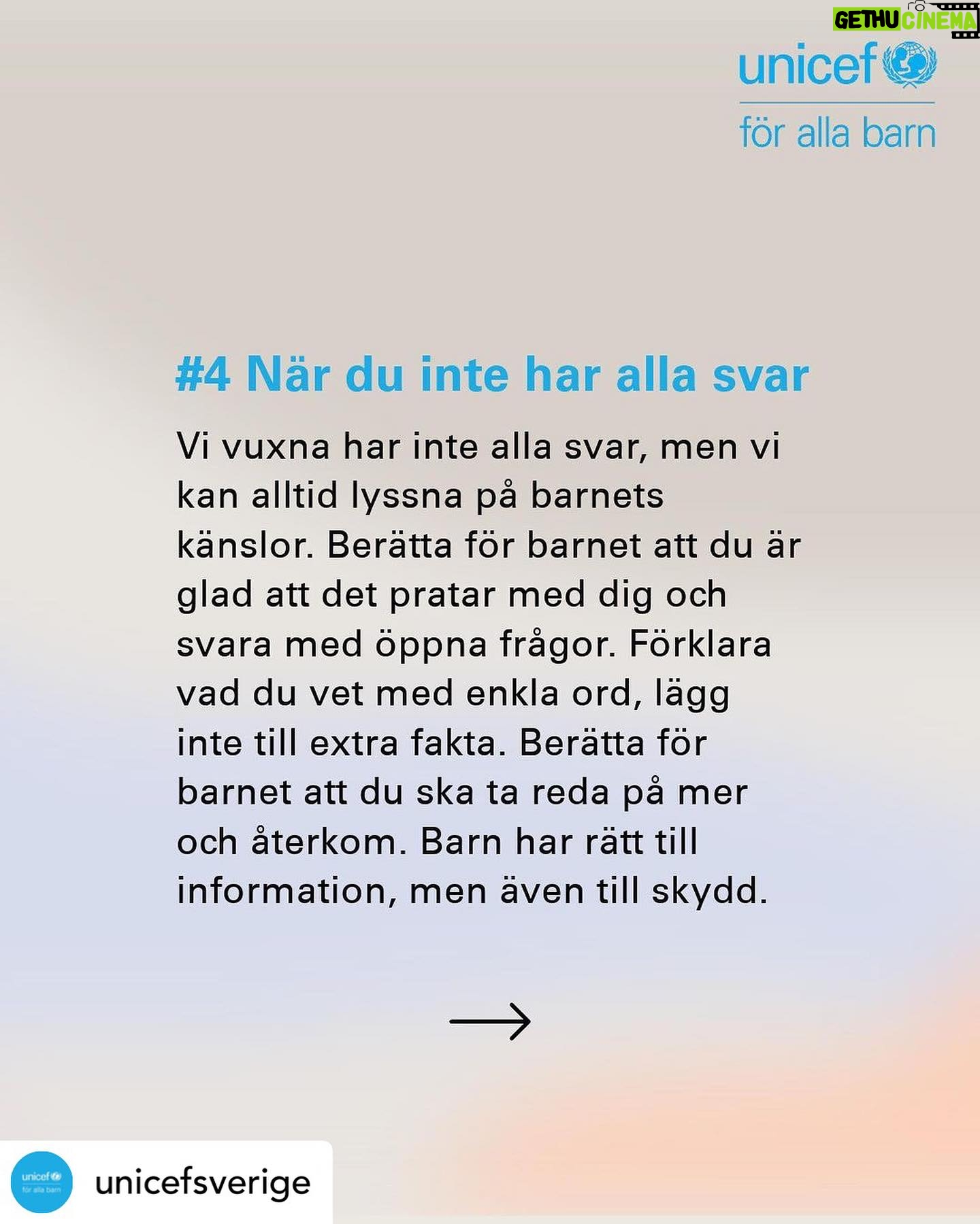 Eva Röse Instagram - Posted @withregram • @unicefsverige Just nu är det många som känner oro kring situationen runt om i världen. Och inte minst barnen. Barn har rätt till information, men även till skydd. Här har vi sammanställt fem tips som du som vuxen kan tänka på när du pratar med ett barn om oro och behöver vägledning. Spara gärna inlägget för att ha det nära till hands när det behövs. 💙 #FörAllaBarn