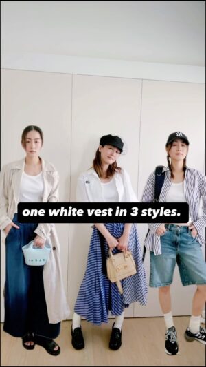 Evelyn Choi Instagram - 夏天必備平平無奇的白色背心
可以配襯出很多不一樣的風格呢
這三種風格都是我的日常穿衣風格呢

對了，
我在想要不要收集大家買了又不知道怎麼穿搭的單品，
來一個穿搭急救醫生系列

#久違的穿搭日記
#Mixandmatch
#白背心女孩 #白背心穿搭

#蔡蔡種菜時間