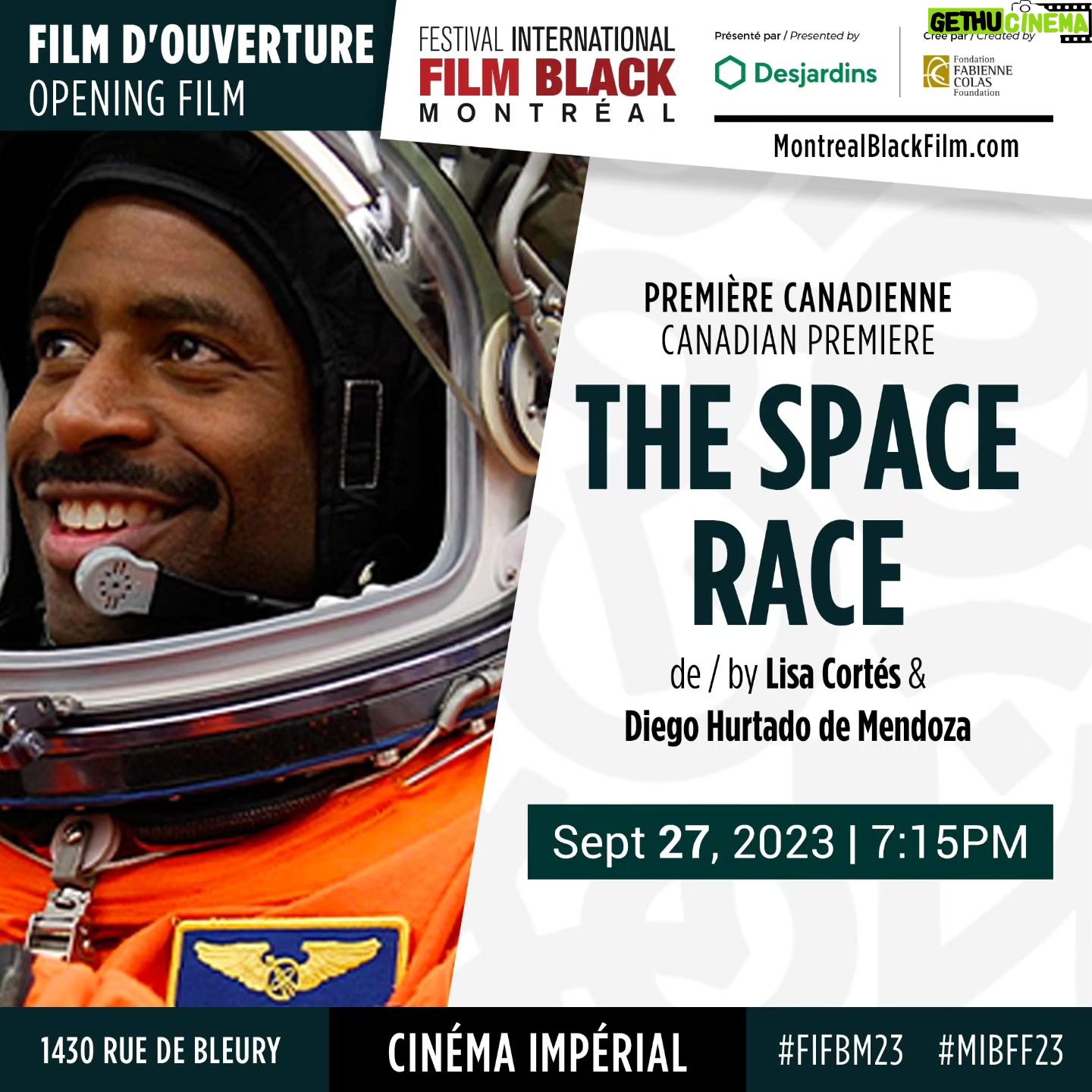Fabienne Colas Instagram - Ce mercredi on va vivre un grand moment de cinéma! Film d'Ouverture : THE SPACE RACE ouvre le 19e Montreal Black Film Festival ce mercredi 27 septembre 2023. 19h au Cinéma Impérial. (avec sous-titre français) THE SPACE RACE dévoile les histoires méconnues des premiers pilotes, ingénieurs et scientifiques noirs à devenir astronautes. Simultanément défendus et exploités comme des pions politiques, certains sont allés dans l’espace, tandis que d’autres ont été effacés de l’histoire. Pour la première fois, THE SPACE RACE replace leurs expériences vécues dans le récit de l’exploration spatiale et dévoile ce que cela signifie pour la prochaine génération d’astronautes noirs. Le film met également en vedette le colonel Guion S. Bluford qui est entré dans l’histoire en tant que premier astronaute noir dans l’espace en tant que spécialiste de mission en 1983. Vite, voyez la bande-annonce et réservez vos billets ici: www.MontrealBlackFilm.com __ 19e Festival Intl du Film Black de Montréal Présenté par Desjardins - Créé par la Fondation Fabienne Colas Foundation 27 septembre au 1er octobre 2023 www.MontrealBlackFilm.com #MIBFF23 #fifbm23 *** Don't miss this spectacular film and historic moment! #OpeningFilm: THE SPACE RACE (la course vers l'espace) opens the 19th Montreal Intl Black Film Festival This Wednesday, Sept. 27, 2023. 7PM Imperial Theatre. (avec sous-titre français). The film also features Col. Guion S. Bluford who made history as the first Black astronaut in space as a mission specialist in 1983. THE SPACE RACE uncovers the little-known stories of the first black pilots, engineers and scientists to become astronauts. Simultaneously championed and exploited as political pawns, some made it to space, while others were erased from history. For the first time, THE SPACE RACE puts their lived experiences back into the space exploration narrative and uncovers what it means for the next generation of black astronauts. Hurry, See trailer and grab you tix: MontrealBlackFilm.com #MIBFF23