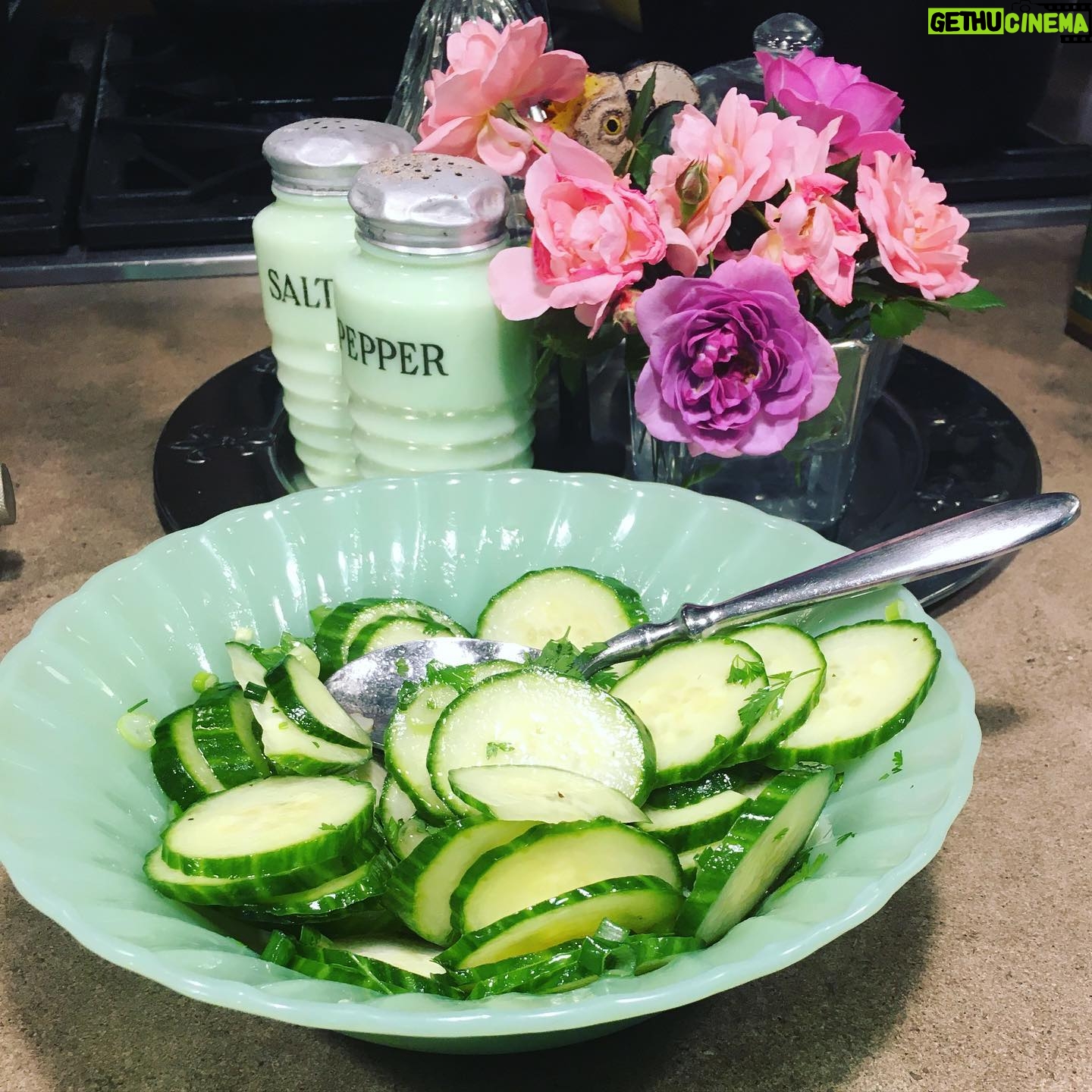 Faith Ford - 1.1K Likes - Mama Pat’s pretty pink & lavender roses & crisp cucumber salad in Grandma Cora’s Jadeite serving bowl. Oh the goodness of spring!💕💚💗🥒💜
