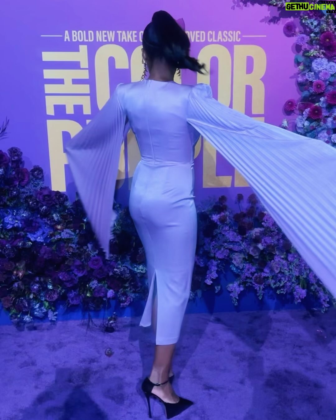 Fatima Robinson - 7.9K Likes - So full of gratitude for all the people who put this movie together. Beautiful Night💜Masterpiece of a Movie….The Color Purple will blow you away.
Hair @lenajaye_
Make up @bobbierileybeauty
Earrings and cuffs @lisaeisnerjewelry
Rings @_neoancient_
Hat @houseofmalakai
Dress @alexperryofficial